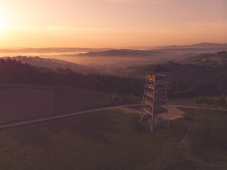 Toned aerial image of mist in rural landscape.の写真素材