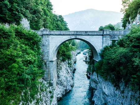 Napoleons Bridge over river Soca, Slovenia, aerial drone view.の写真素材