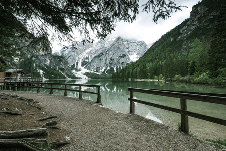 Hikking trial in Pragser Wildsee or Braies Lake in Italy.の写真素材