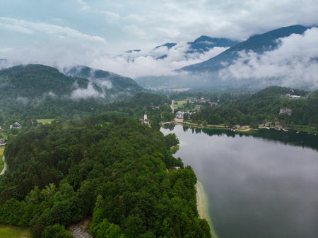 Aerial drone view of Bohinj Lake in Slovenia after storm.の写真素材