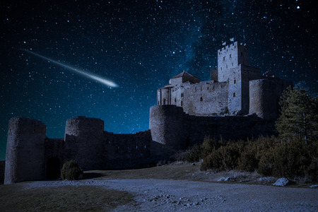 Perseid Meteor Shower and the Milky Way over castleのeditorial素材
