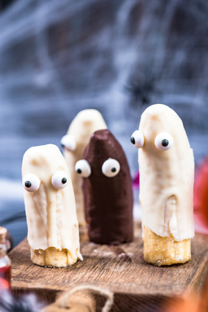 Funny banana ghost, Helloween kids party food.の写真素材