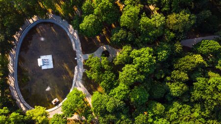 Park in Tarnow,Poland view from drone over Bem Mausoleum.