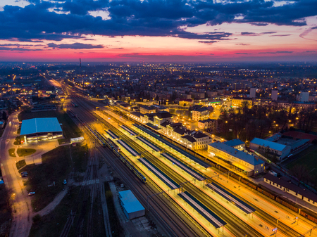 Beautiful cityscape of Tarnow in Poland, aerial view at twilight.のeditorial素材
