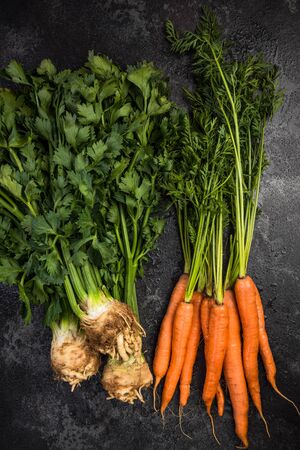 Bunch of Organic Carrots and Celery, Market Fresh Root Food.の写真素材