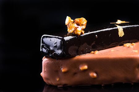 Artisan Monoportion Patisserie Dessert Cake on Black Reflective Background.の写真素材