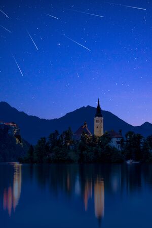 Perseid MEteor Shower over Bled Lake in Slovenia.の写真素材