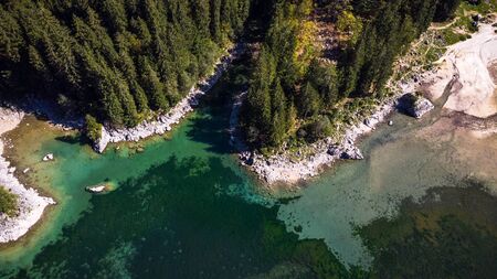 Forest Edge at Lake with Rocky Shore. Aerial Drone Top Down View. Abstract Natural Pattern.