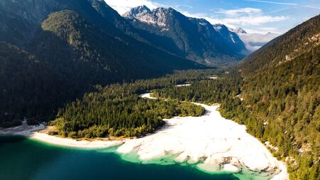 Predil Lake in Italy. Aerial Drone View. Beautiful Landscape.