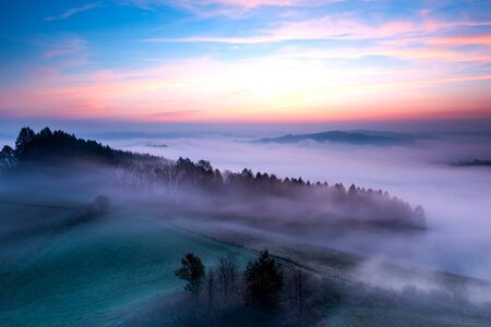 Polish Countryside at Early Autumn Foggy Morning.の写真素材