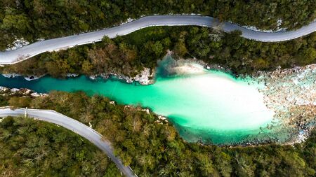 Soca River at Valley in Slovenia. Aerial Drone Top Down View.の写真素材