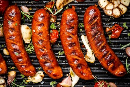 BBQ Grilled Meat Sausages with Herbs,Spices and Vegetables. Summer Party Food .の写真素材