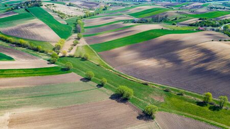 Geometric Farm Fields Shapes. Cultivated Countryside Scenic Landscape. Aerial Drone View.の写真素材