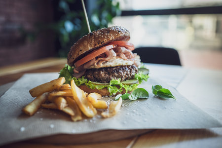 Beef Egg and Bacon Burger Served in Restaurant. American Food. Tasty Gourmet on Wooden Table.の写真素材