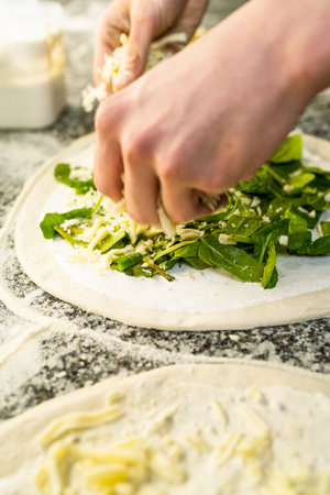 Fresh Delicious Restaurant Italian Pizza. Top Down View with Copy Space. Food Gourmet Background. Overhead. Pizzeria fast Food.の写真素材