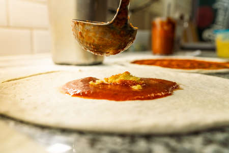 Fresh Delicious Restaurant Italian Pizza. Top Down View with Copy Space. Food Gourmet Background....
