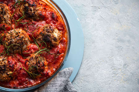 Tasty Meat Balls in Dish with Tomato Sauce. Homemade Delicious Food.