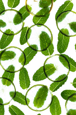Fresh Mint Leaves and Lime Slicces. Refreshing Food Background. Top Down View.