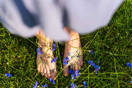 Woman in Blue Summer Dress with Tattooed Bare Feet Standing  on Grass and Cornflower Flowers.の写真素材