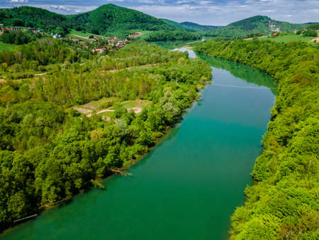 Myczkowskie Lake on San River in Poland. Green Trees and Turquoise Water. Drone Viewの写真素材