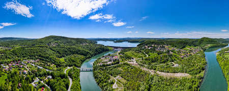 Panoramic view Over Solina Hydroelectrtic Dam on Lake in Poland at Summer.の写真素材