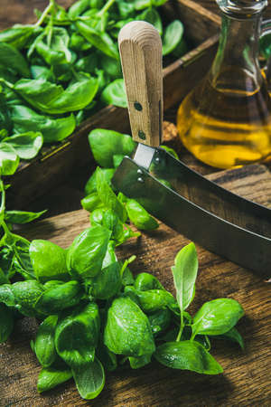 Fresh Basil Herb Cut with Mezaluna on Wooden Board.の写真素材