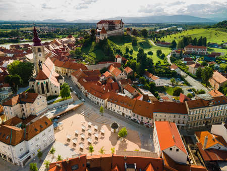 Ptuj Town on River Drava in Slovenia . Aerial Drone View.の写真素材