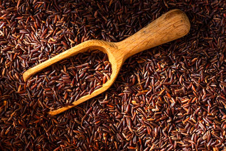 Uncooked Brown Rice Grain Background and Wooden Spoon.の写真素材