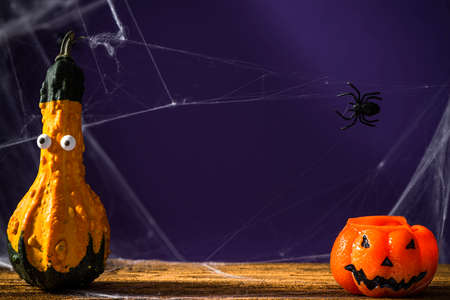 Funny Halloween Pumpkin on Spooky and Scary Background.の写真素材