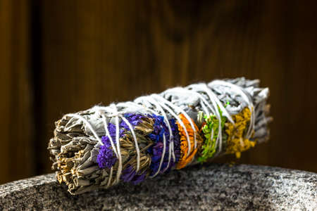 Smudge Ritual Burning Sage Stick. Spiritual Meditation and Yoga Ritual.の写真素材
