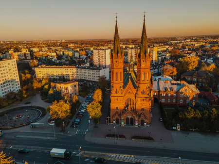 Tarnow Cathedral Church at Sunset. Aerial Drone View. Polish City.のeditorial素材