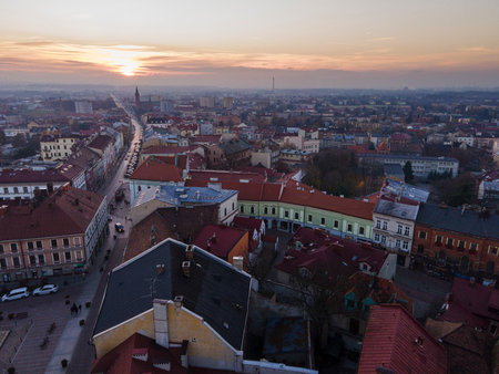 Skyline of Tarnow Old Town in Lesser Poland. Aerial Drone View at Sunset.