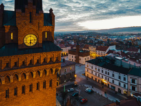 Old Town in Tarnow Poland. Aerial Drone View at Sunrise.