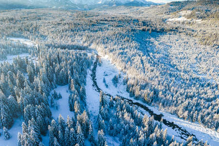 Bialka River in Tatra National Park at Winter. Drone View.の写真素材