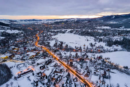 Famous Zakopane and Giewon Mount in Poland At Winter. Drone View.の写真素材