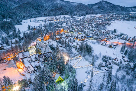 Winter Wonderland in Zakopane Town. Drone View.の写真素材