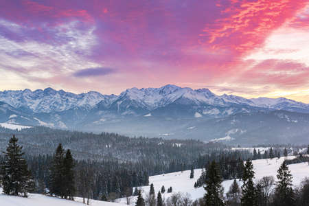 Sunset in Tatra Mountains in Poland at Winter.の写真素材