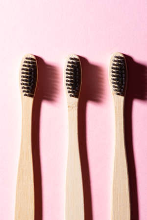 Zero waste wooden toothbrush. Copy space background.