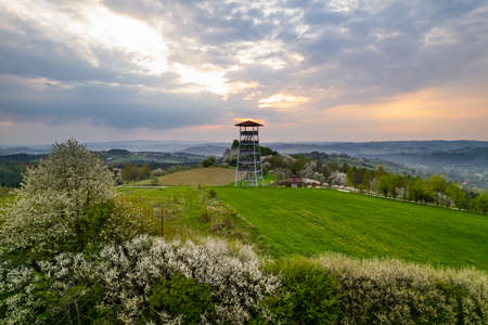 Lookout Tower in Brusnik, Lesser Poland at Spring Sunrise.