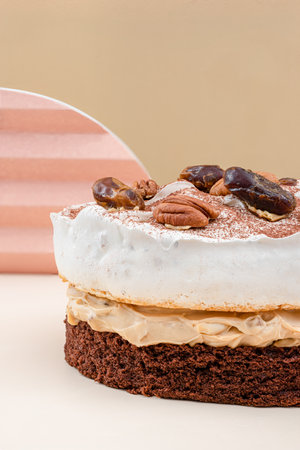 Patisserie dessert. Single piece of artisan cake. High detail studio photo. Copy space background.