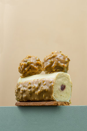 Patisserie dessert. Single piece of artisan cake. High detail studio photo. Copy space background.