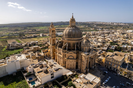 Aerial drone view of the Rotunda St. John Baptist Church in Xewkija, Gozo, Malta.の写真素材