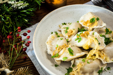 Traditional Polish Christmas Eve food on festive table.の写真素材