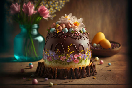 Easter cake on wooden table, Generative AI.の素材