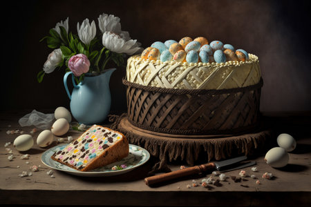 Easter cake on wooden table, Generative AI.の素材