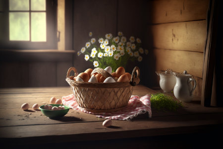 Basket of fresh eggs on wooden table in cottage kitchen, Generative AI.の素材