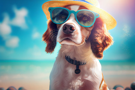 Portrait of cute dog wearing sunglasses and hat on the beach, summer vacation. Generative AI.の素材