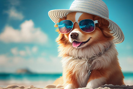 Dog wearing sunglasses and hat on the beach at summer. Generative AI.の素材