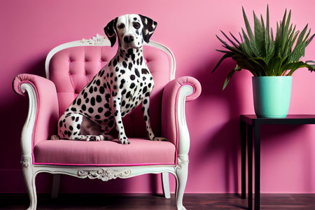 Dalmatian dog sitting on pink chair in pink room ,creative art. Generative AI.の素材