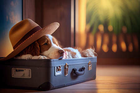 Cute dog waiting for summer vacation travel in suitcase, wearing hat. generative AIの素材